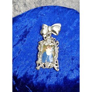 vintage silver tone bow with dangle photo frame brooch